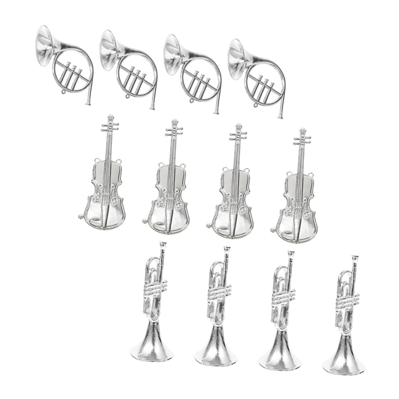 JOINPAYA 12pcs Miniature Musical Instrument Models Set including Violin, Trumpet, and Bugle in Silver for Christmas Tree Decor, Xmas Wreath DIY Accessories, and Holiday Party Decorations