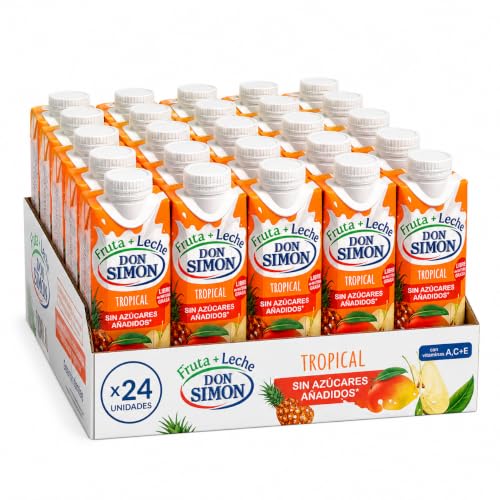 Don Simón Fruta + Leche Tropical Sin Azúcares Añadidos 24x330ml | Piña, Uva, Mango, Manzana y Leche Desnatada | Rico en Vitaminas A, C y E | Formato Ahorro