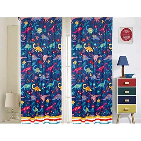 Sapphire Home Kinder-Fenstervorhang für Jungen mit Raffhaltern , Dinosaurier-Druck, gestreift, Mehrfarbig Cover