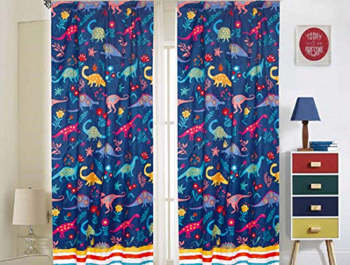 Sapphire Home Kinder-Fenstervorhang für Jungen mit Raffhaltern (4-teiliges Set), Dinosaurier-Druck, gestreift, Mehrfarbig, blau, für Jungen und Kinder, Mehrfarbig, blau, Kinderzimmer, Dino-Streifen Cover