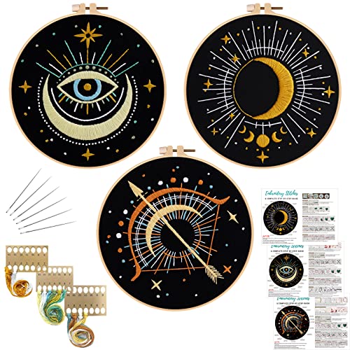 Image of Louise Maelys 3 Set Tarot Moon Embroidery Kits for Beginners with Evil Eye Pattern,Adults Starter Cross Stitch Kit DIY Needlepoint