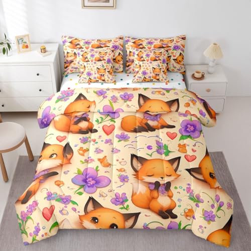 Manfei Cute Foxes 7pcs Comforter Set King Size,Purple