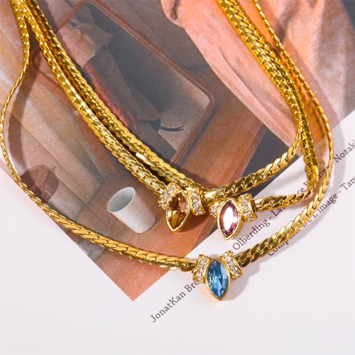 Titanium Steel Purple Blue Brown Marquise Zircon 18K Gold Electroplated Necklace Snake Bone Necklace Fashion Common Luxury Choker Chain Multi Layered Necklace4