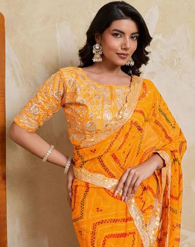 Image of SIRIL Women's Georgette Sequins Embroidery Printed Bandhani Saree with Unstitched Blouse Piece