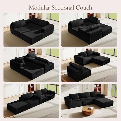 Image of Vesgantti 119 inch L-Shaped Modular Sectional Sofa, Corduroy Cloud Couch with Deep Seating & Spring Support, Flexible Layout Sofa with Ottoman, Boneless Style, No Assembly Required, Black