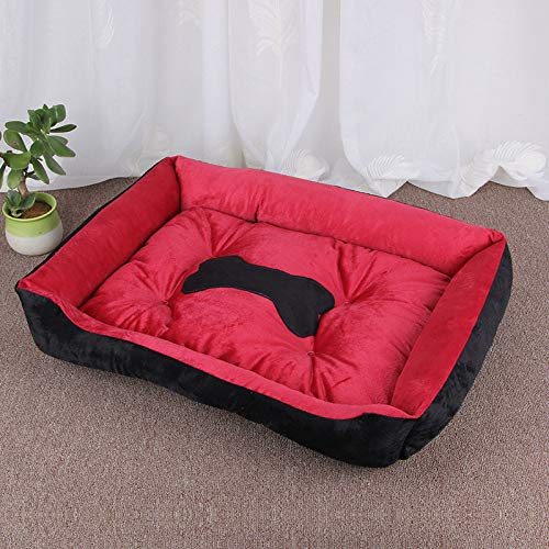 Hiseng Soft Dog Bed, Bone Pattern Design Self-Warming Cat Bed Washable Square Dog Beds Medium, Plush Anti-Slip Bottom Cat Beds for Indoor Cats (70x50cm,Red)