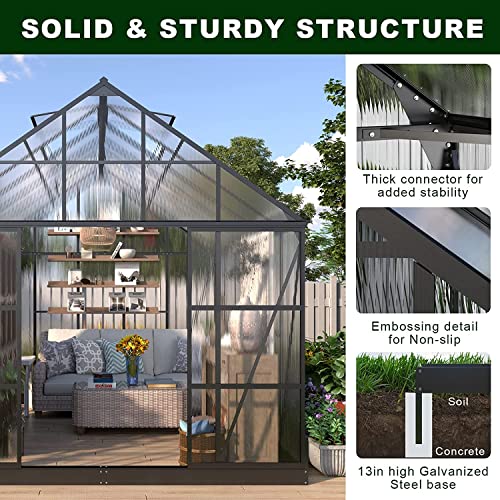 AMERLIFE 12x10x10FT Polycarbonate Greenhouse 2 Sliding Doors 4 Vents Walk-in Premium Professional Greenhouse Storage Shed Sunroom Aluminum Large Hot House for Outdoor Garden Backyard Matte Black - Image 5