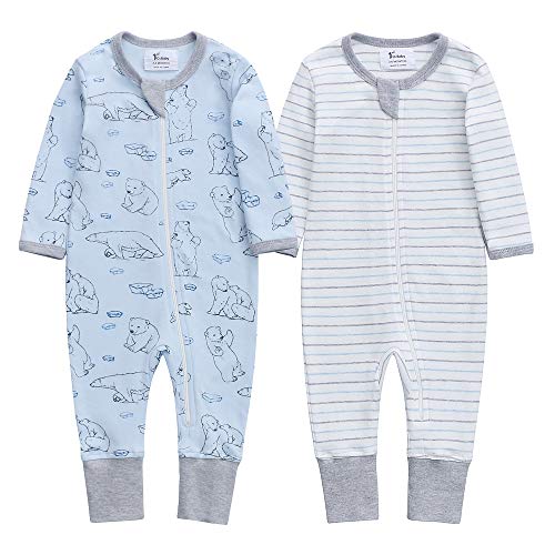 Baby Organic Cotton Footless Sleep and Play, Baby Boy and Girl Zip Front Romper, Long Sleeve (0-3 Months, Polar Bear&Strips)
