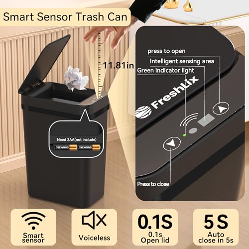 Image of FRESHLIX 3 Pack Bathroom Trash Can 2.6 Gallon Small Touchless Automatic Motion Sensor Trash Cans Slim Waterproof Garbage Bin with Lid for Kitchen, Office, Bedroom Black
