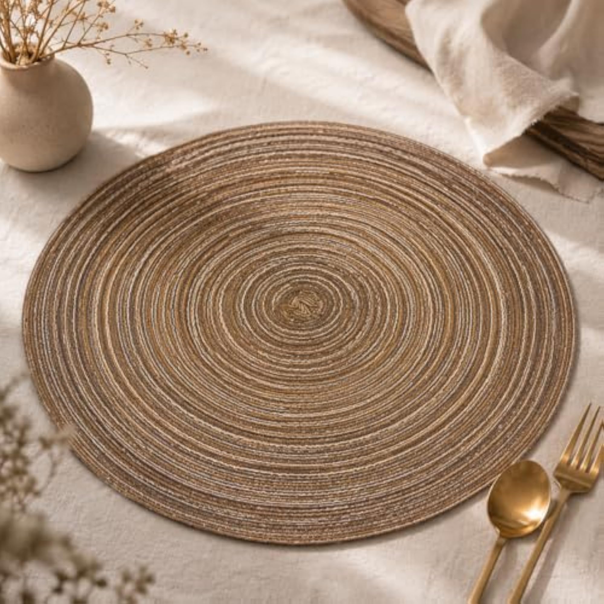 Round Braided Placemats, Brown, Boho Table Mats