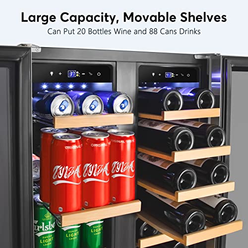 Image of Tylza 24 inch Dual Zone Wine and Beverage Cooler Quiet Compressor | Dual zone, quiet <38dB, fast cool, smart touch, temp memory, built-in /free, 20 wine+88 cans