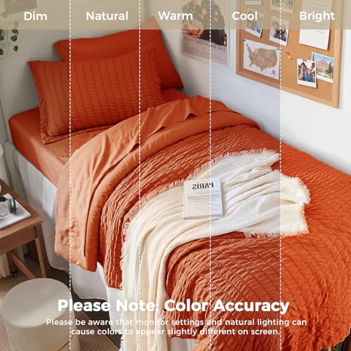 Image of HYMOKEGE Burnt Orange Twin Comforter Set Seersucker 5 Pieces, All Season Luxury Bed in a Bag for Bedroom, Bedding Set with Comforters, Sheets, Pillowcase & Sham