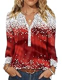 LOMON Womens Christmas Tops Pleated V Neck Long Sleeve Shirts for Women Womens Holiday Tops Festival Christmas Outfits for Women Wine Red Star L