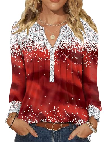 LOMON Womens Long Sleeve Tops Christmas Shirts Wine Red Star Grinch Costume Plus Size Holiday Outfits for Women Christmas Vacation Shirt XXL