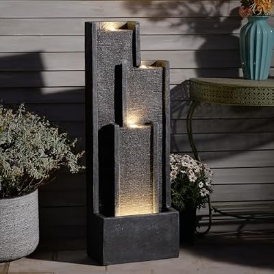 Takamota 39" H Indoor Water Fountain Modern Cascading Floor-Standing Water Fountains Calming Sound and Lights for Home Office Patio Balcony Art Decor, Garden Waterfall Feature Indoor Outdoor, Grey