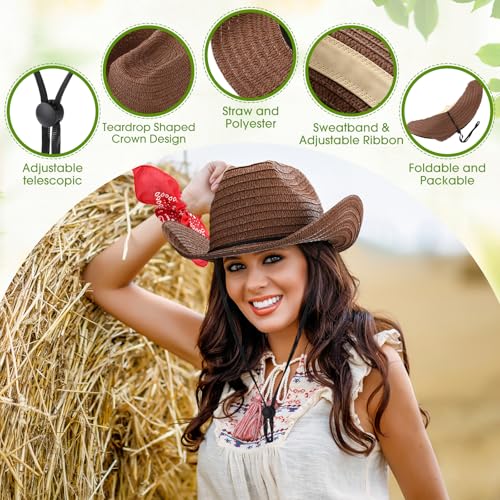 Image of Coume 36 Set Straw Cowboy Hats with Bandana Include 36 Cowboy Party Hats 36 Western Scarf in 4 Color for Cosplay Accessories