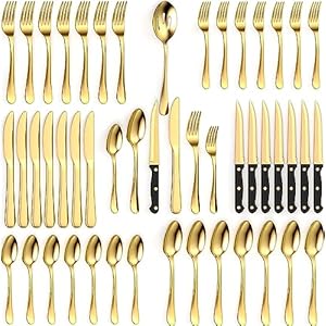 Tribal Cooking 49 Piece Gold Silverware Set – Service for 8 – Stainless Steel Gold Flatware serving set – Cutlery Set – Knives, Fork, and Spoon – Dishwasher Safe – Stunning Polished Finish