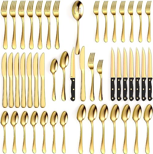 Tribal Cooking 49 Piece Gold Silverware Set - Service for 8 - Stainless Steel Gold Flatware serving set - Cutlery Set - Knives, Fork, and Spoon - Dishwasher Safe - Stunning Polished Finish by Tribal Cooking - Used condition - US$21.36