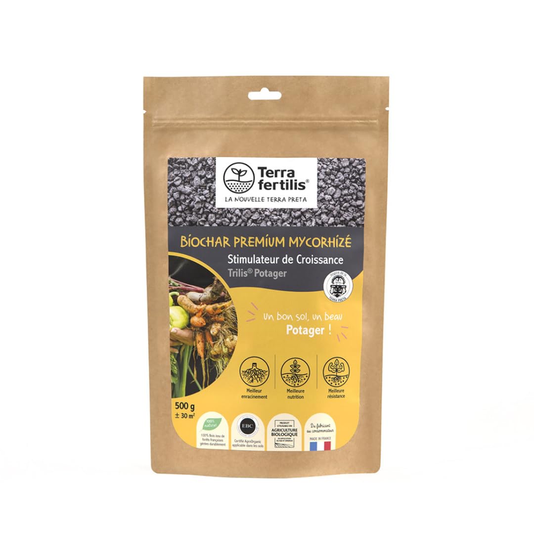 TERRA FERTILIS - Fertilisant Plantes spécial Potager - à base de Biochar Mycorhizé - Augmente la production et améliore la résistance des légumes - Réduit les besoins en arrosage et en engrais -500 g