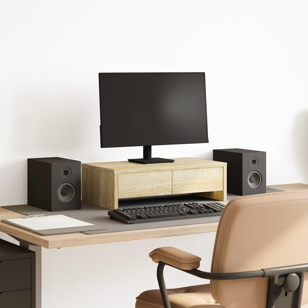 Supporto per monitor con cassetti in legno di rovere Sonoma, 50 x 27 x 15 cm, supporto da scrivania per postazione di lavoro, ufficio, home office, gaming e ripiano ergonomico con organizer