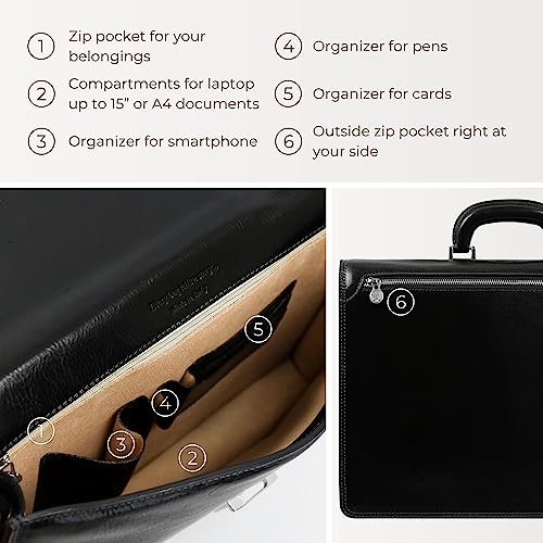 Time Resistance Full Grain Leather Briefcase Attache Laptop Bag Black Unisex Classy #TOP4