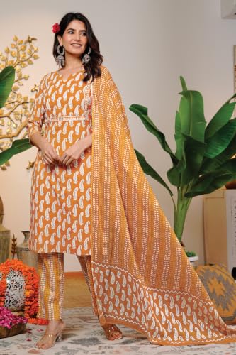 Image of MIRCHI FASHION Pure Cotton Women Straight Printed Embroidery Work Kurti Set with Dupatta and Pant