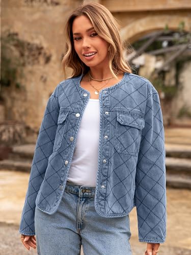Glamaker Jean Jacket Women Denim Long Sleeve Button Down Diamond Quilted Lightweight Jackets Fall Winter Shacket Coats3