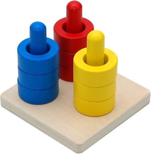 Elite Montessori 3 discos de colores de madera en clavijas de colores para más de 6 meses, bebé de 1 año, desarrollo cerebral y actividades de