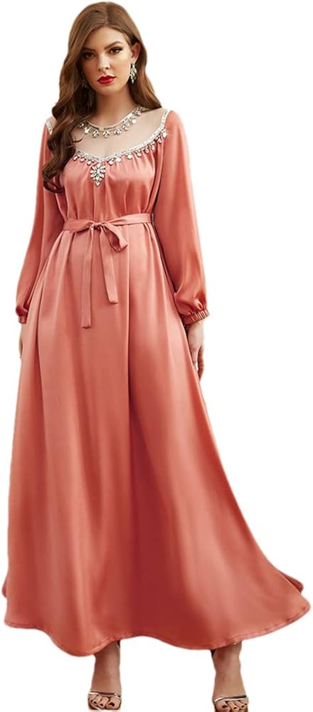 ERFMFKL Ladies Tulle Satin Robe Arabian Party Max Dress Moroccan Evening  Dress Dubai Muslim Dress Wedding Orange Pink S at Amazon Women's Clothing  store