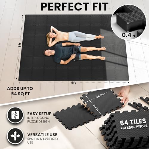 Image of bemaxx Gym Mats Set - 54 pcs EVA Interlocking Foam Floor Tiles (12.6 inchx12.6 inchx0.4 inch) 54sqft Protective Gym Flooring Sports Home Workout Exercise Mats Puzzle Garage Fitness Play-Room Pool Treadmill Bike