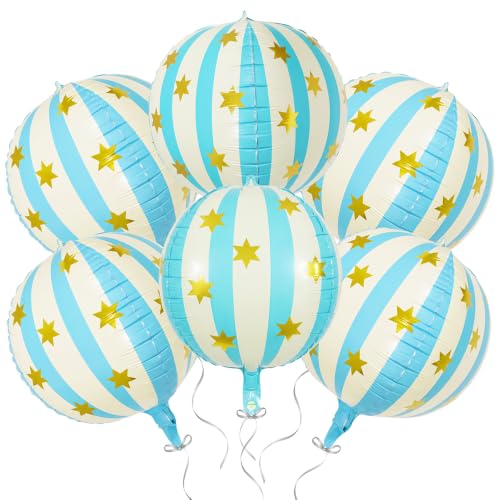 Giant Light Blue White Star Stripe Sphere Round Balloon, Matte Inflatable 4D Ball Foil Balloons For Baby Shower Birthday Wedding Xmas Graduation Festive Events Party Decoration Supplies