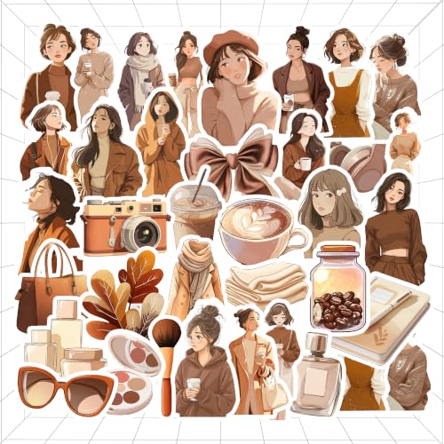 Image of Brown Aesthetic Kawaii Girl Vinyl Stickers Pack of 30 | Waterproof Cute Coffee & Fashion Theme Decals for Laptop, Water Bottle, Journal, Scrapbook, Phone Case | Soft Girl Self-Adhesive Sticker Pack