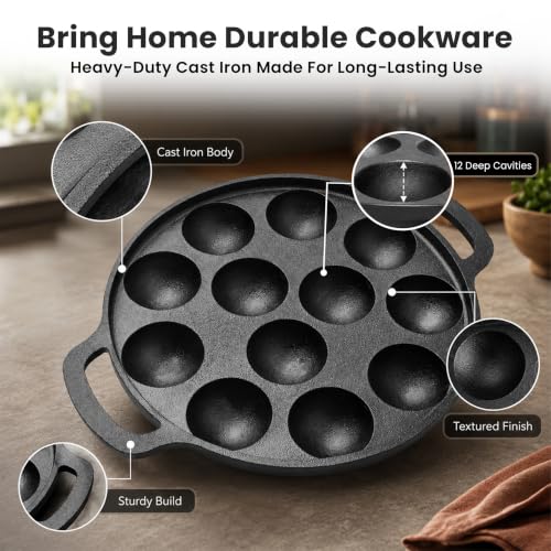 Image of HomeEssentials Cast Iron Appam Pan, Appe, Paniyaram Maker (12 Pits Appam Pan)