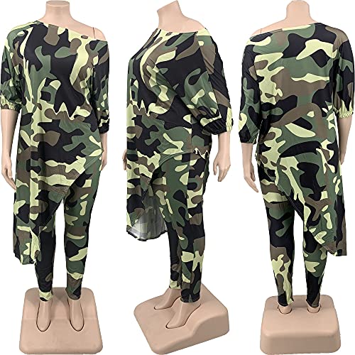 Meslima Two Piece Outfits For Women - Autumn Camouflage Off Shoulder Loose T Shirts And Long Pant Tracksuits Set 2Xl #TOP2