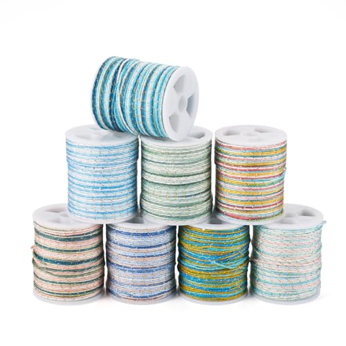 Cheriswelry 8 Rolls 1MM Metallic Cord Nylon Bracelet Beading String Braided Thread Chinese Knotting Cord for DIY Weaving Sewing Kumihimo Stitching Garment 16.4 Yards/Roll