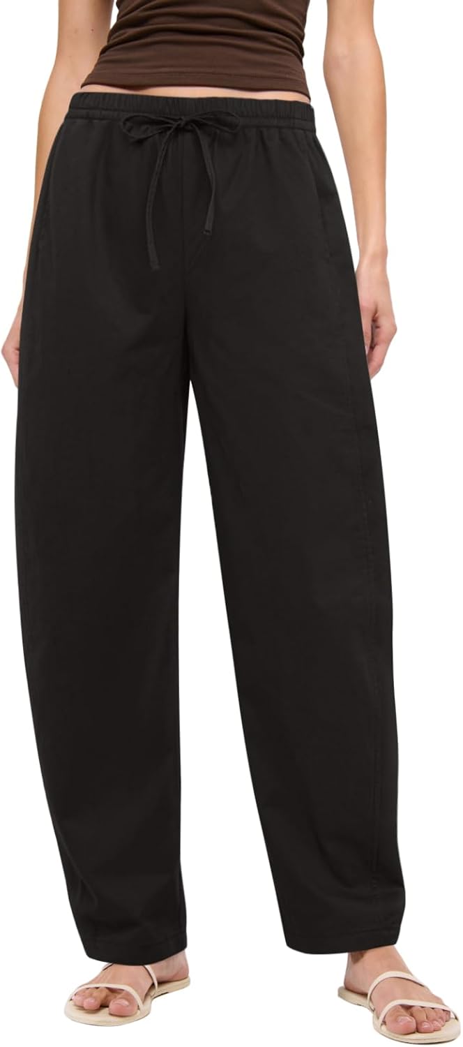 NIMIN Women Wide Leg Barrel Pants Elastic High Waisted Casual Palazzo Drawstring Pull On Lounge Pant with Pockets