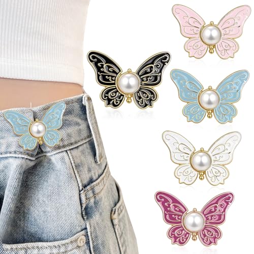 Image of TecoKart 5 Sets Butterfly Jean Buttons Waist Tightener for Loose Pants, No-Sew Adjustable Waist Buckle Clips, Detachable Decorative Jean Button Pins for Women's Jeans & Skirts