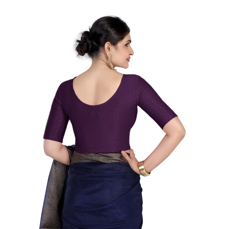 Image of FINESTFIT Round Neck Stretchable Elbow Sleeve Readymade Saree Blouse for Women, 100% Cotton Dobby Fabric