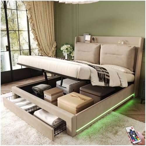 Lubvtti Cama acolchada con luz LED y cajón, cama de almacenamiento hidráulico, cama de matrimonio con almacenamiento, estructura de cama de 160 x 200 cm con somier de láminas y cabecero, terciopelo,