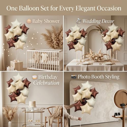 Image of Atpata Funky Boho Theme Foil Balloons - White Sand, Nude Cream, Tan Brown Caramel Shades - Stars and Hearts Shape - for Weddings, Birthdays, Baby Showers, and Party Decorations (6pcs, Stars)