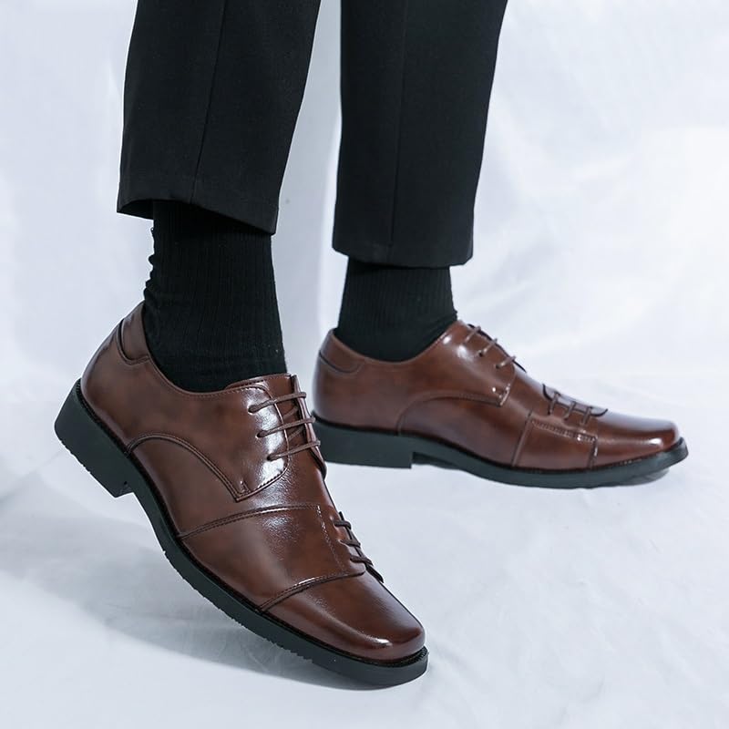 Dress Oxford for Men Lace Up Square Toe Faux Leather Derby Shoes Low Top Block Heel Anti-Slip Classic(Brown,11)3