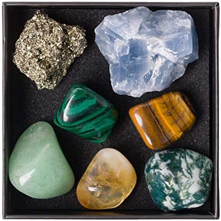Premium Quality Crystal Set for Abundance & Prosperity - Malachite, Pyrite, Aventurine, Blue Calcite, Tree Agate, Tiger's Eye + Informational Guide & Gift Box
