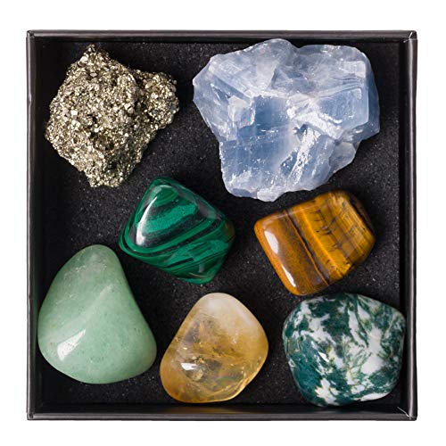 Premium Quality Crystal Set for Abundance & Prosperity - Malachite, Pyrite, Aventurine, Blue Calcite, Tree Agate, Tiger's Eye + Informational Guide & Gift Box