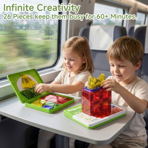 Image of Travel Magnetic Tiles for Kids Car Games Road Trip Essentials | 26 PCS Mini Magnet Building Blocks in Tin Box to Stop Crying - 0.64 lb Pocket Size Educational Toy- Boys Girls Age 3-8