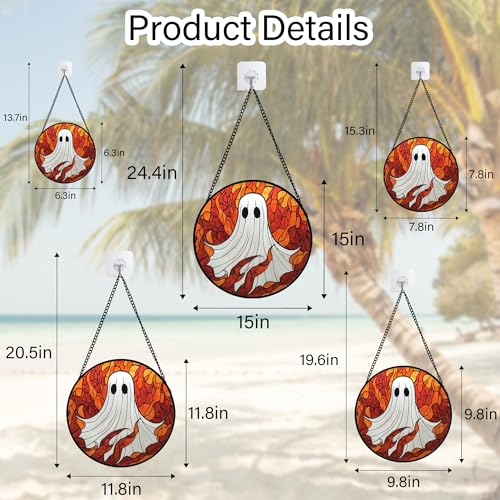 Image of Stained Glass Window Hanging - Halloween Decorations White Ghost Orange Sky Suncatcher for Doors Garden Funny Spooky Sun Catchers Gothic Decor Horror Gifts for Women Men Friend Boy 6.3 in