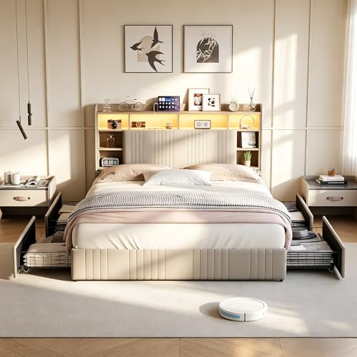 BRILVERDE Cama tapizada de 140 x 200 cm con espacio de almacenamiento, cama doble con LED/USB, cama juvenil con 4 cajones, estructura de cama con cabecero y somier, cajón, lino (beis, 140 x 200 cm)