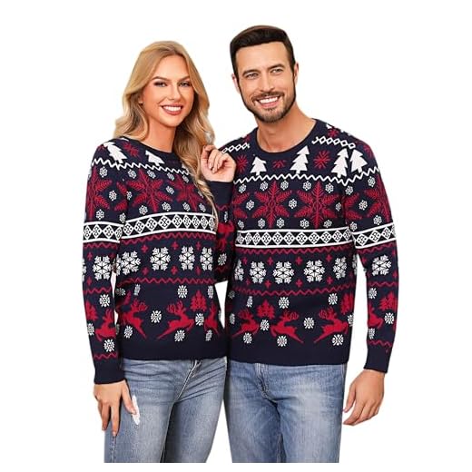 Aseniza Jersey Navideño para Hombre Mujer Pareja Jersey Navidad Familia de Rojo de Casual Cuello Redondo Clásico, S-XXL