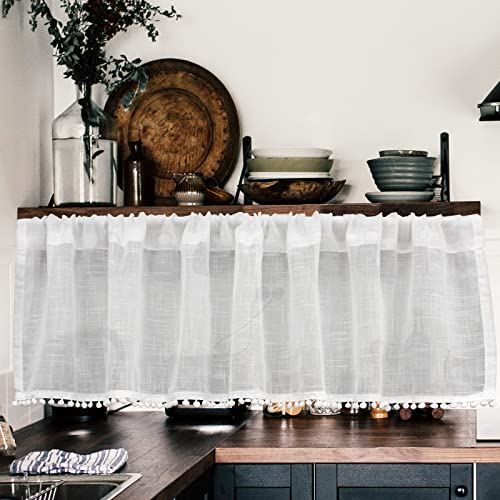 choicehot Sheer Net Short Curtain for Kitchen - Cafe Window Valance with Rod Pocket Privacy Protected 40cm Drop Half Curtain with Pompom Taless Decorate Bedroom Living Room Balcony, 40x150cm/15 x59