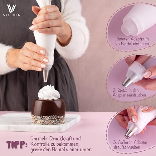 Foto von Villkin Spritzbeutel-Set 9-teilig mit 6 verschiedenen Edelstahl Spritztüllen und 34cm Spritztüte - wiederverwendbar und spülmaschinenfest - Für Dekorationen auf Torten, Kuchen und Keksen