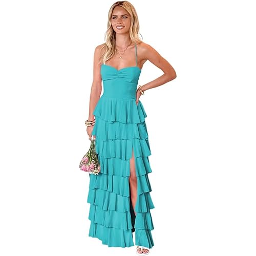 RSOETOO Chiffon Bridesmaid Dresses Long Spaghetti Straps Tiered A-Line Formal Evening Party Gowns with Slit RON101